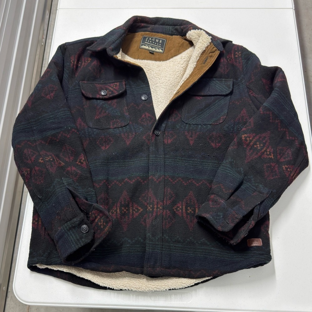 Jachs NY Shirt Jacket Mens Large Black Red Excellent aztec pattern Sherpa Lined
